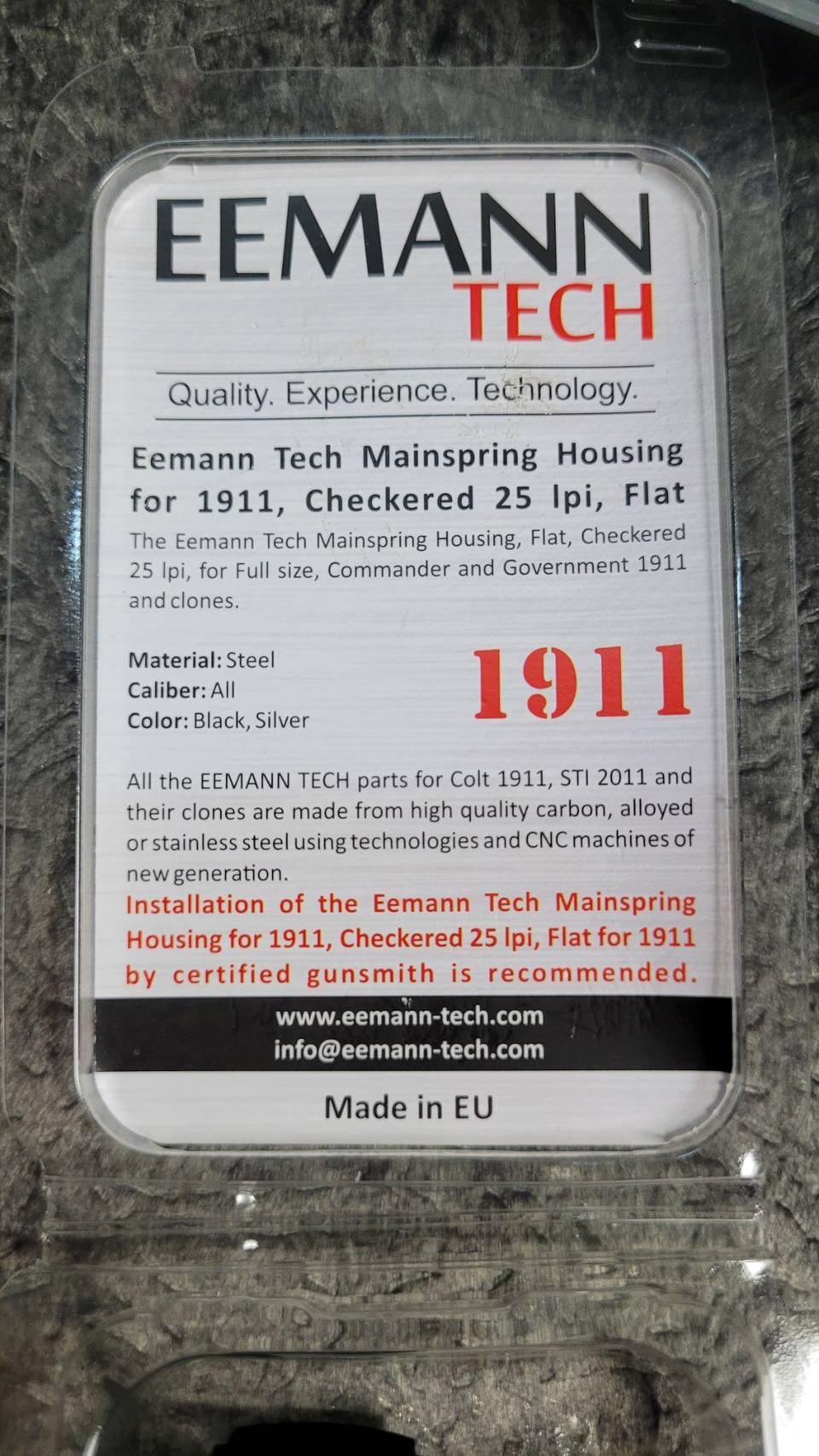 Eemann Tech Mainspring Housing for 1911, Checkered 25 lpi, Flat -Color : Black