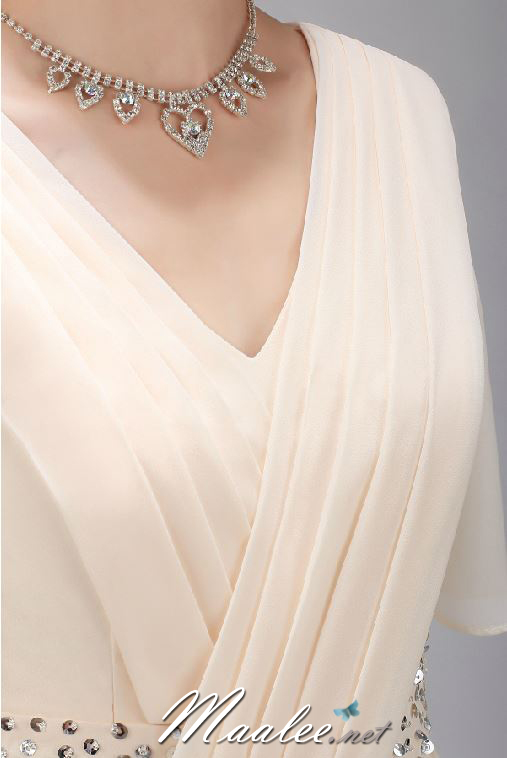 พร้อมเช่า ชุดราตรีแขนสั้น ผ้าชีฟอง สีครีม Champagne แขนย้วย แต่งเลื่อมช่วงเอว