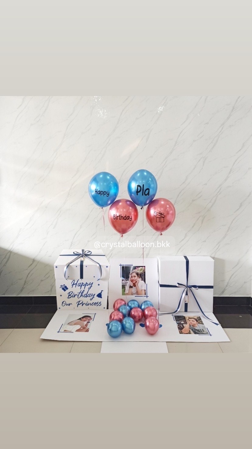 Happy Birthday Surprised box กล่องเซอร์ไพรส์วันเกิด พร้อม ลูกโป่ง 4 ลูก พร้อมตกเเต่ง สามารถใส่รูปได้ 2 ใบ สามารถเปลี่ยนสีลูกโป่ง/เปลี่ยนสีข้อความได้