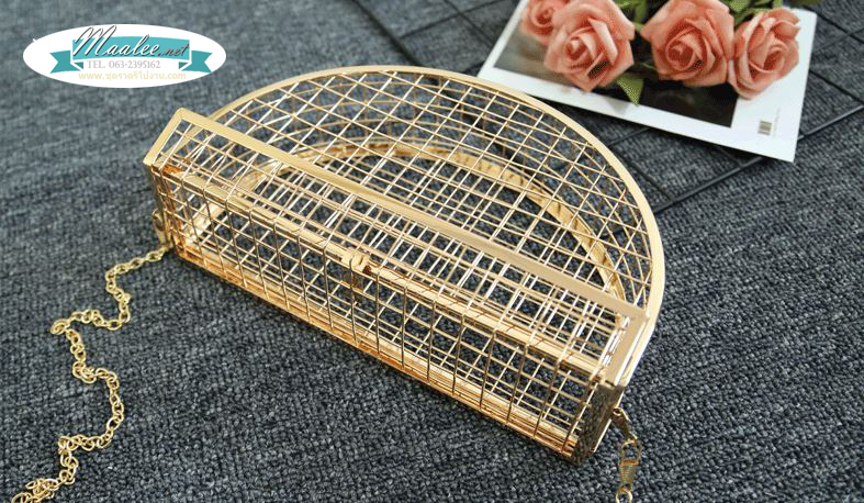 พร้อมส่ง Evening Clutch กระเป๋าออกงาน สีทอง แบบโปร่งลายตาราง ใส่ของได้เยอะ พร้อมสายโซ่