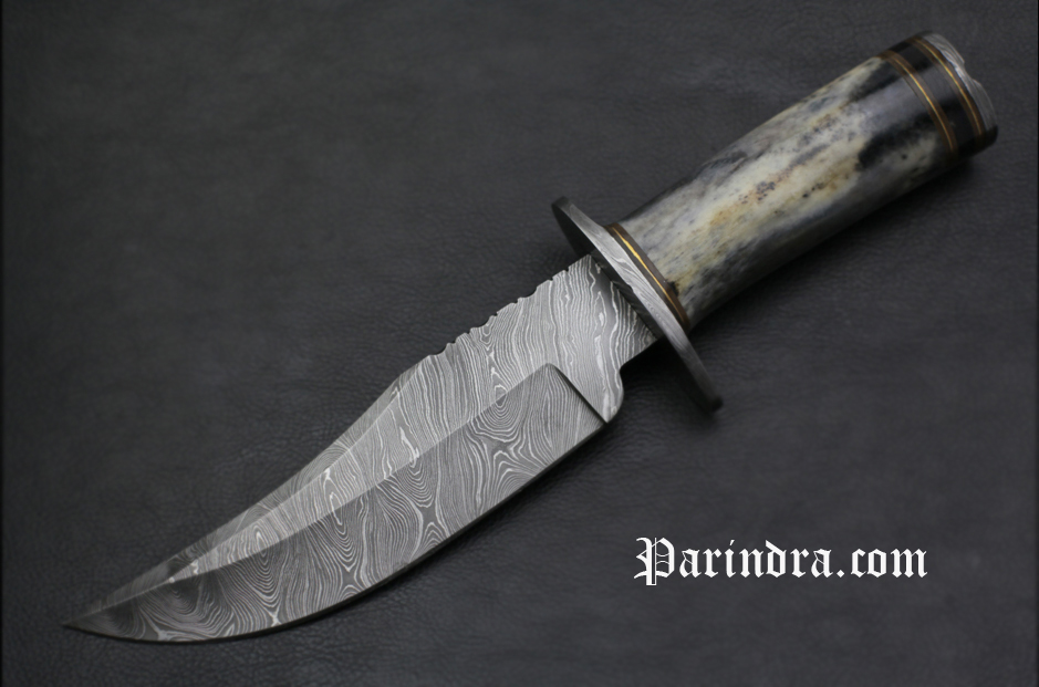 มีดดามัสกัสใบตาย (Damascus Fixed Blade) ด้ามกระดูกอูฐสีดำขรึม นำเข้าจาก United Kingdom DUK001
