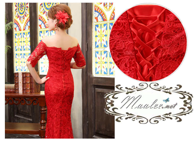 พร้อมเช่า ชุดราตรียาว สีดำ ทรงหางปลา ลูกไม้ทัั้งตัว เปิดไหล่ แขนสามส่วน (เชือกผูกหลัง)