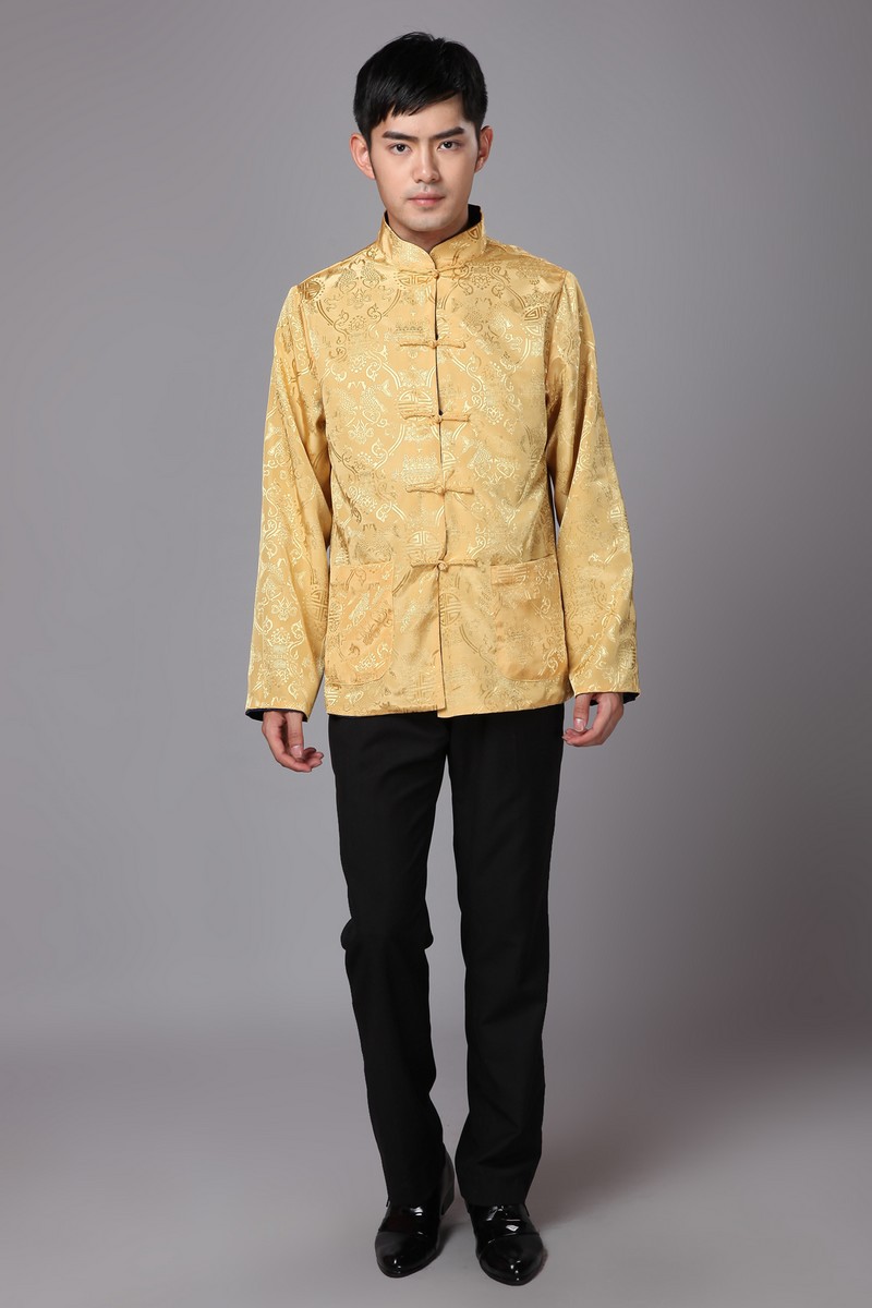 พร้อมส่ง (สินค้าตัวโชว์) ชุดจีน ชาย เสื้อคอจีน ผ้าแพร สีทอง / น้ำเงิน ใส่ได้สองด้าน (XL)