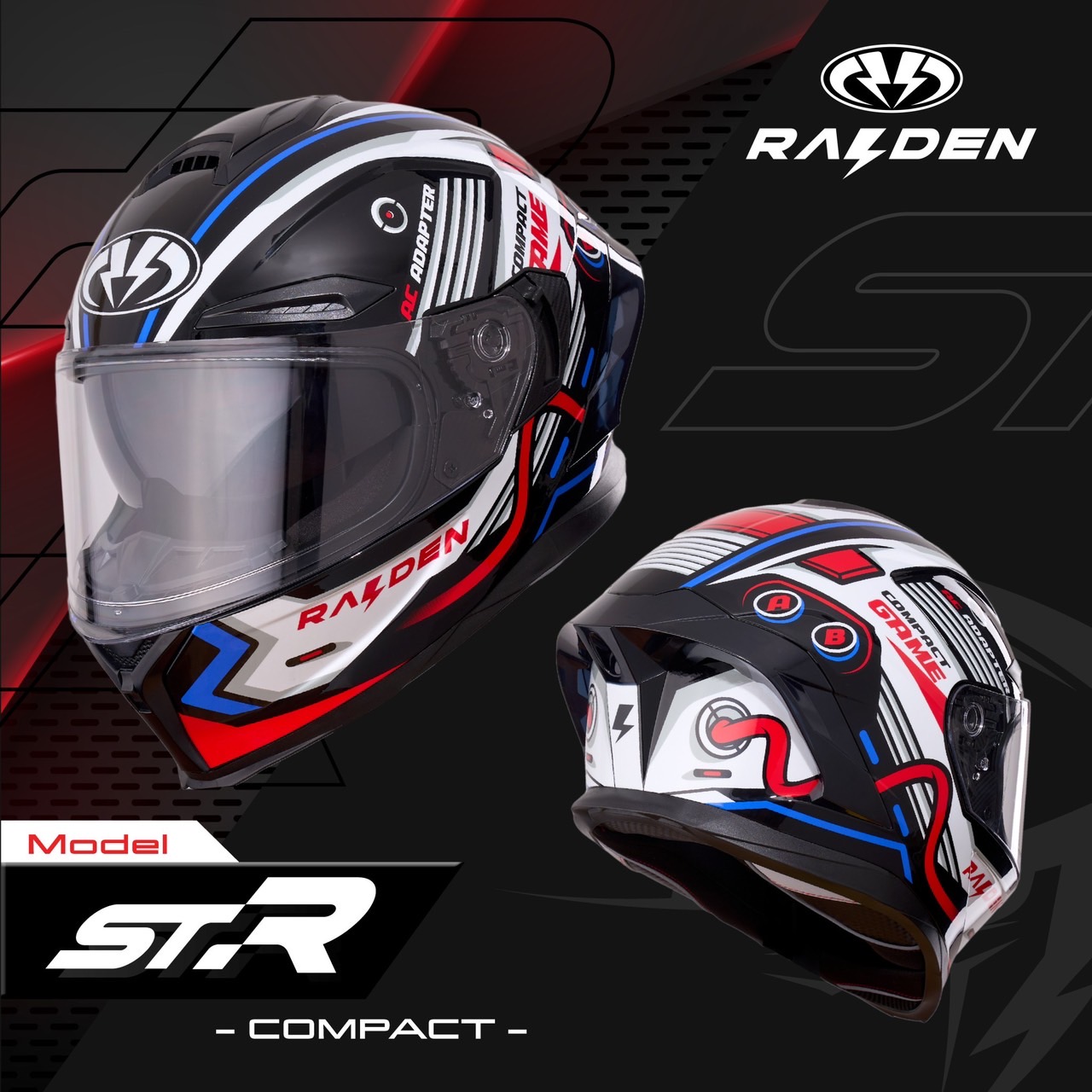หมวกกันน็อคเต็มใบ หมวกกันน็อค RAIDEN รุ่น STR รูปทรงสปอร์ตโฉบเฉี่ยวมาพร้อมสปอยเลอร์หลังสุดเท่ไม่ซ้ำใคร แถมฟรี ชิลด์ดำ สี COMPACT ( ด้าน )