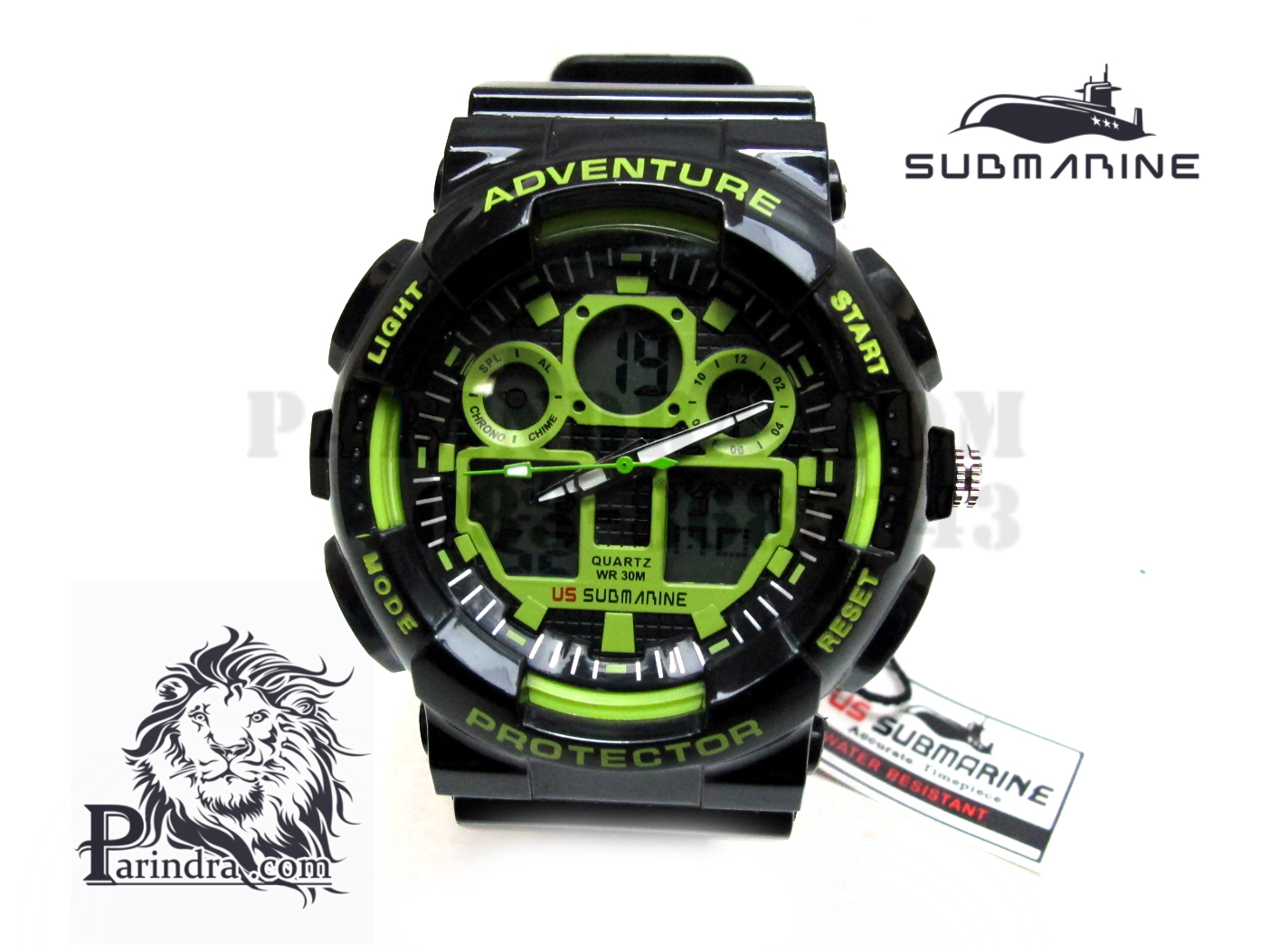 นาฬิกา US submarine Adventure Protector รุ่น TP3129M สีดำตัดเขียวผิวมัน พื้นหลังเทา
