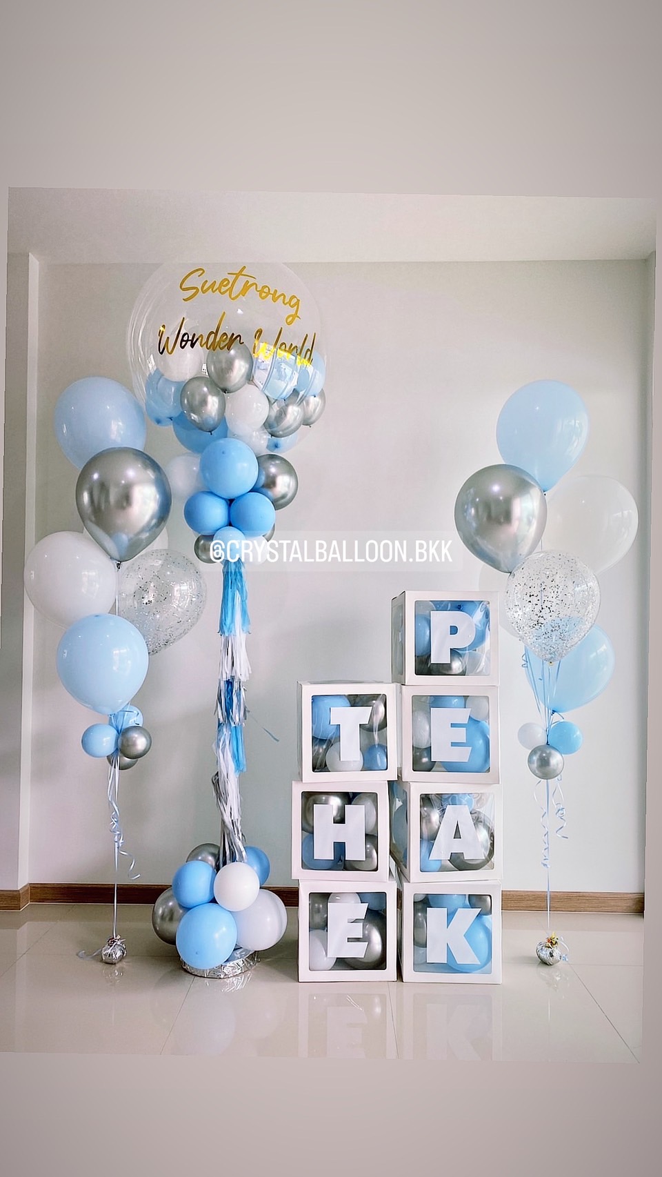 เสาลูกโป่ง เปิดงาน Bubble 36" พร้อม ช่อลูกโป่ง 6 ลูก 2 ช่อ พร้อมตกแต่ง กล่องใส ติดตัวอักษร 7 ตัวอักษร สามารถเปลี่ยนสีลูกโป่ง/เปลี่ยนข้อความได้