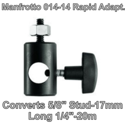 ข้อต่ออเนกประสงค์ Manfrotto 014-14 ปลายบนเป็นเกลียวตัวผู้ 1/4 ปลายล่างเป็นเกลียวตัวเมีย 3/8 ใช้สวมกับปลายขาตั้งหัวไฟ หรือกับขาตั้งกล้องที่มีนอตเป็น 3/8 Rapid Adapter, Converts 5/8'' Stud-17mm Long 1/4''-20 ประกันศูนย์ 5 ปี
