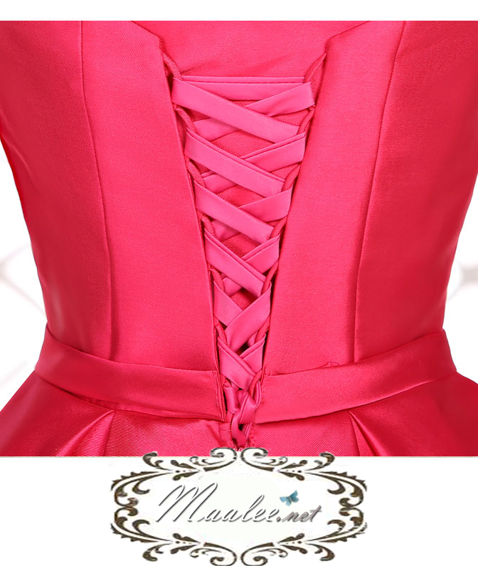 พร้อมส่ง ชุดราตรีสั้น แบบปาดไหล่ ผ้าซาตินเรียบหรู กระโปรงทรงA แต่งโบว์2ชั้น ช่วงเอว สีชมพู Hot pink (เชือกผูกหลัง)