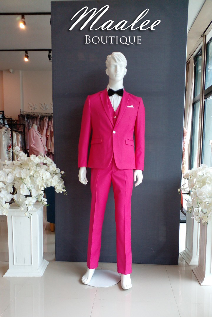 พร้อมเช่า ชุดสูทชาย สีชมพูบานเย็น ทรงเข้ารูป Slim-cut (พร้อมเสื้อกั๊ก) สำเนา