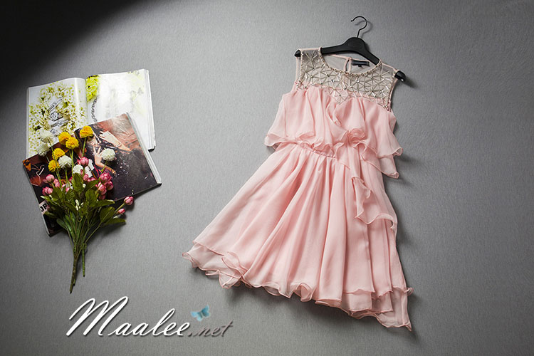 พร้อมส่ง ชุดออกงาน ชุดเดรสสั้น สีชมพู แต่งระบายผ้าไหมชีฟอง ปักเลื่อมช่วงคอ