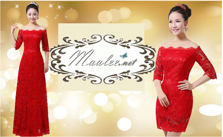 พร้อมเช่า ชุดราตรียาว สีแดง ลูกไม้ทัั้งตัว เปิดไหล่ แขนสามส่วน