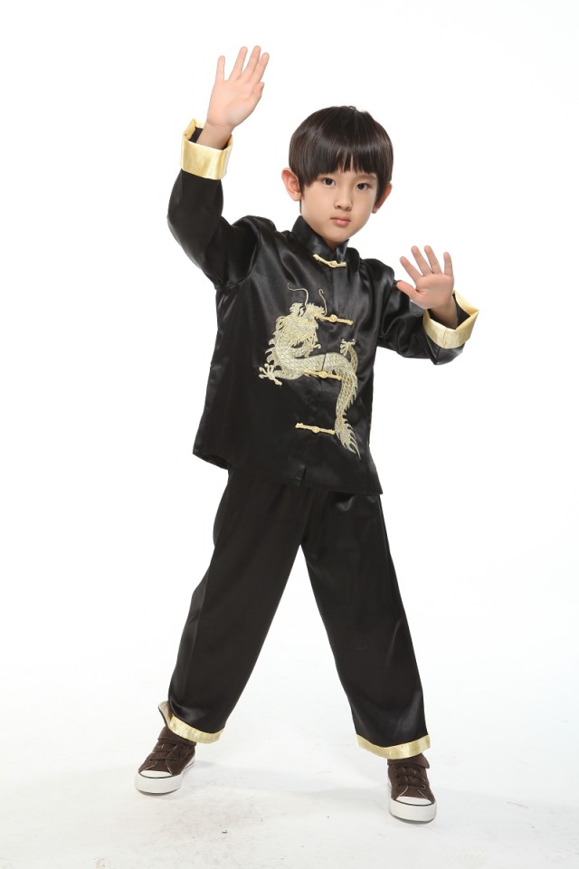 Pre-order ชุดจีนชายเด็ก เสื้อคอจีน ผ้าไหมจีน สีดำปักลายมังกร