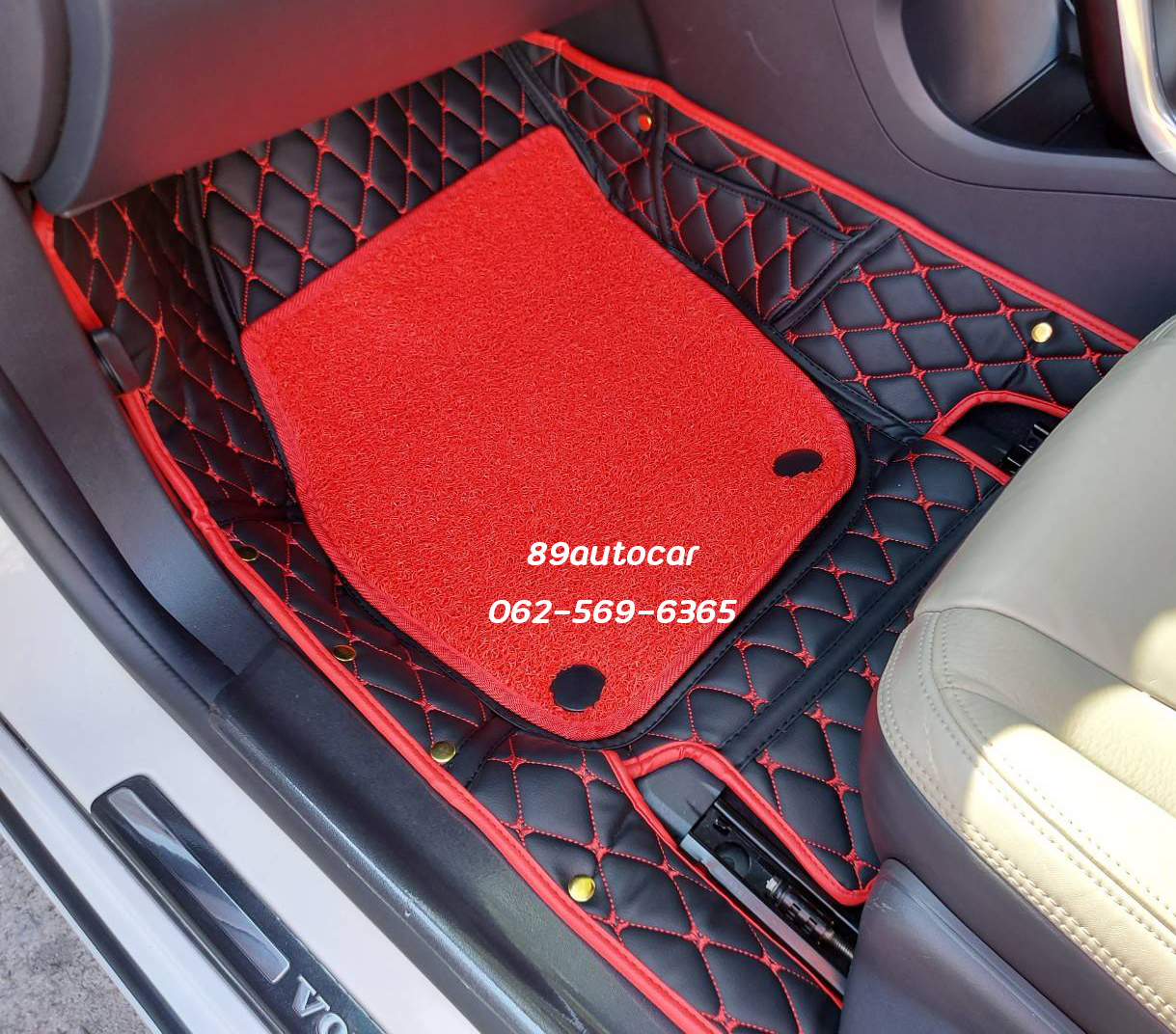 ขายพรมปูพื้นรถยนต์ Volvo S60 2012 ปูพรม7D สีดำด้ายแดงขอบแดง + พรมดักฝุ่นสีแดง + ท้าย