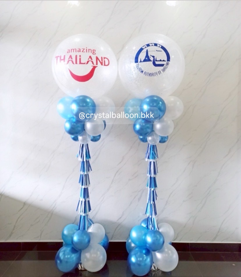 เสาลูกโป่ง เปิดงาน Bubble ขนาด 36" กลิตเตอร์สีขาวมุก 2 เสา พร้อมตกแต่ง สามารถเปลี่ยนสีลูกโป่ง/เปลี่ยนข้อความได้