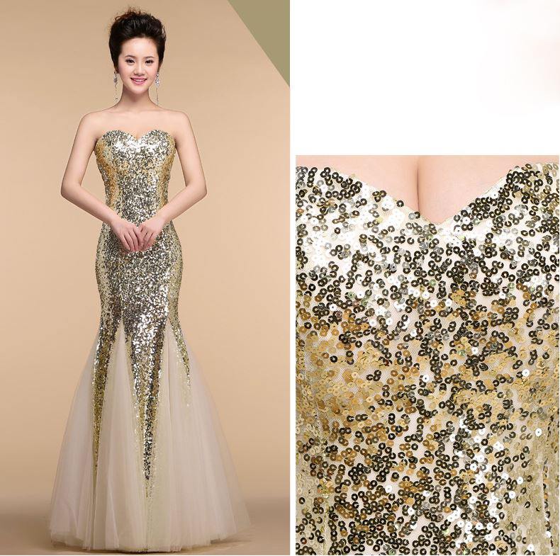 พร้อมเช่า ชุดราตรียาว เกาะอก เรียบหรู สีครีม Champagne เนื้อผ้าแต่งเลื่อมทั้งตัว ทรงนางเงือก แต่งผ้าตาข่ายสวย