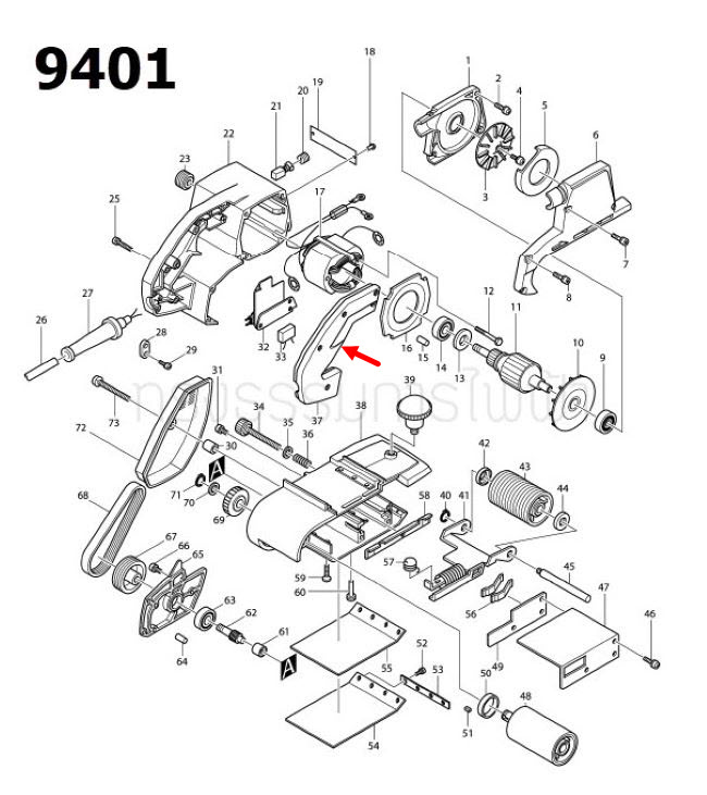 ฝาปิดด้าม เครื่องขัดสายพาน Makita 9401, 9402 [#37] Pn.411142-9 (แท้) ##(**)
