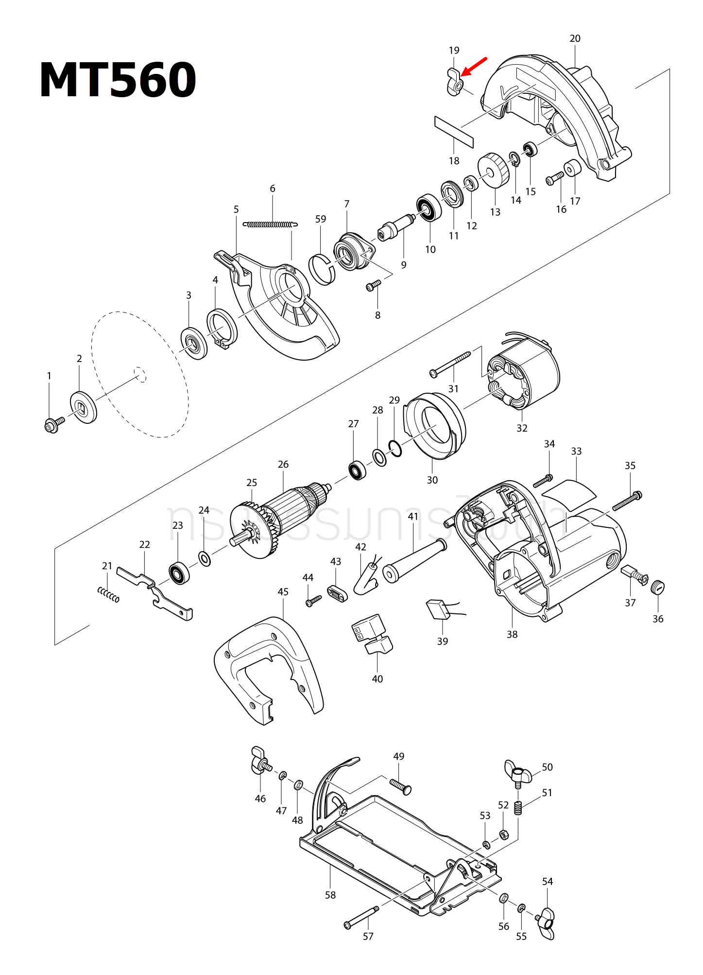 ลูกบิดปรับล็อค เลื่อยวงเดือน Maktec, เครื่องตัดคอนกรีต Makita MT560, MT580, MT583, 4100NH2, M5801, M5801B Pn.252649-4 (แท้) ##(*)
