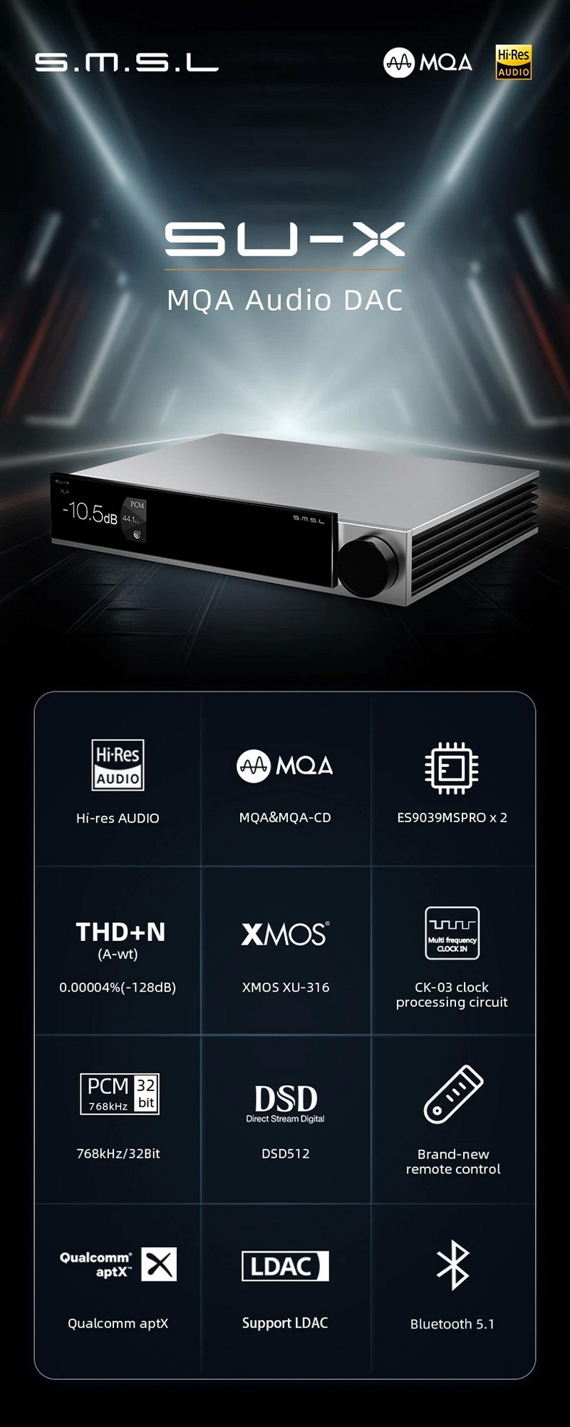 SMSL SU-X Audio DAC ตั้งโต๊ะชิป ES9039MSPRO x2 รองรับ MQA, LDAC, Hi-Res ประกันศูนย์ไทย