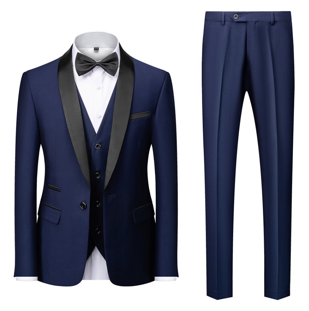 พร้อมเช่า ชุดสูททักซิโด้ สีกรมท่า ปกกล้วย (พร้อมเสื้อกั๊ก) Tuxedo Suit with Shawl Collars