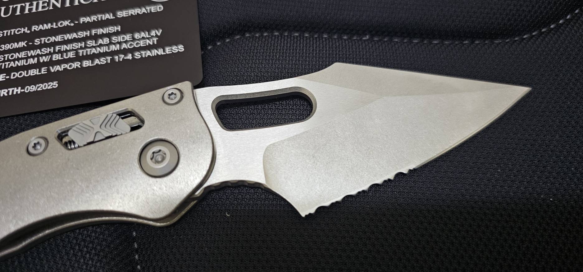 Microtech Stitch Ram-Lok S/E - Stonewashed Titanium - Stonewashed Blade - Blue Accents - Marfione Select