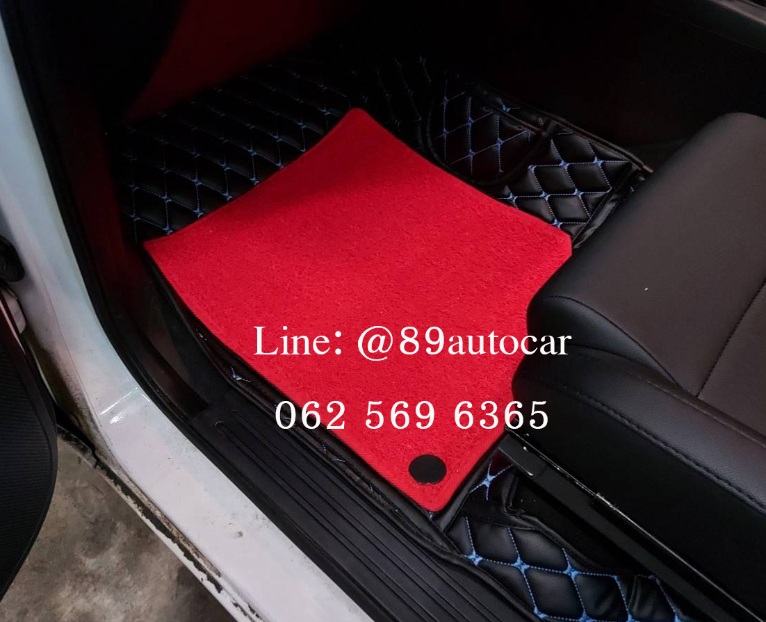 โรงงานพรมรถยนต์ Ford Ranger Cab 2019 ปูพรม7D สีดำด้ายฟ้า เสริมไวนิลดักฝุ่นสีแดง