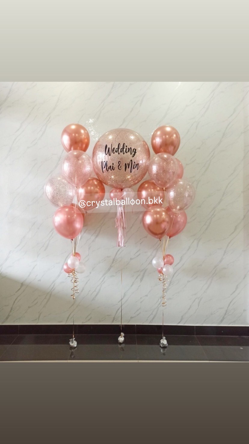 ลูกโป่ง แต่งงาน Bubble ขนาด 24" กลิตเตอร์สีโรสโกล 1 ลูก พร้อม ช่อลูกโป่ง ช่อ 7 ลูก 2 ช่อ พร้อมตกแต่ง สามารถเปลี่ยนสีลูกโป่ง/เปลี่ยนข้อความ/เปลี่ยนขนาดได้