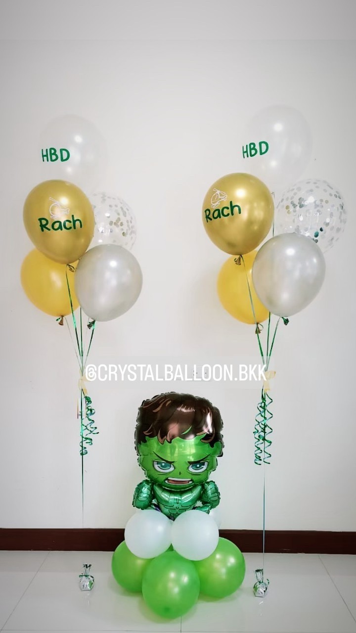ลูกโป่ง วันเกิดเด็ก Theme The Hulk พร้อมตกแต่ง ช่อลูกโป่ง 5 ลูก 2 ช่อ,ลูกโป่งใส ใส่ Confetti สามารถเปลี่ยนสีลูกโป่ง/เปลี่ยนข้อความ/เปลี่ยนฟอยล์ตกแต่งได้