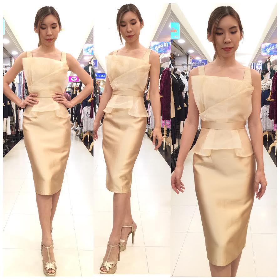 พร้อมเช่า ราตรีสั้น ชุดแซกผ้าไหมเทียม แต่งผ้าแก้วจับเดรป สวยหวาน สีเทา พลัสไซส์