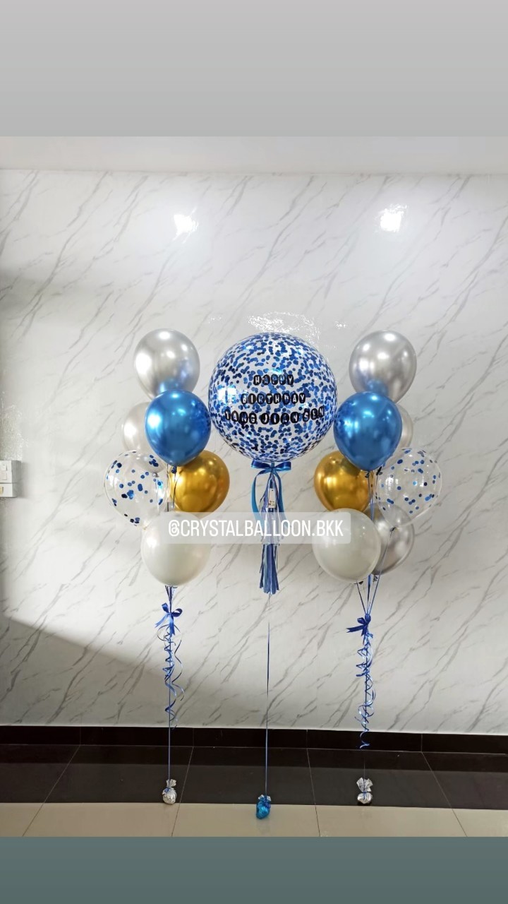 ลูกโป่ง วันเกิด Bubble ขนาด 24" Confetti สีน้ำเงิน พร้อมตกแต่ง ช่อลูกโป่ง 7 ลูก 2 ช่อ,ลูกโป่งใส ใส่ Confetti สามารถเปลี่ยนสีลูกโป่ง/เปลี่ยนข้อความ/เปลี่ยนขนาดได้
