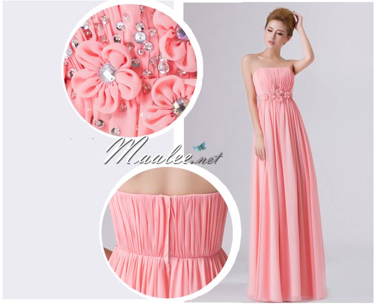 พร้อมส่ง ชุดราตรียาว เกาะอก สีโอรส แต่งดอกเก๋ๆ