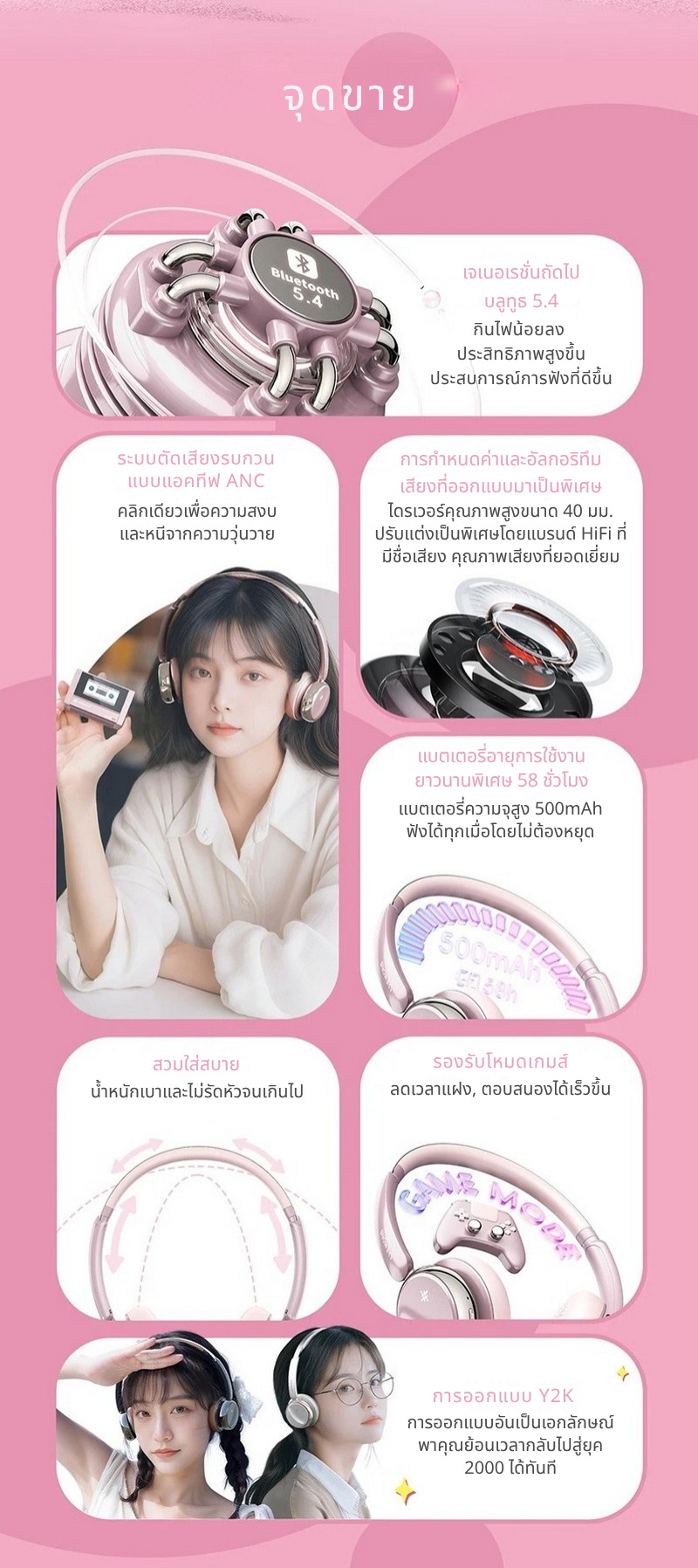 Snowsky ANYTIME หูฟังไร้สายแบบครอบหู รองรับ Bluetooth 5.4, โหมดเกม ประกันศูนย์ไทย