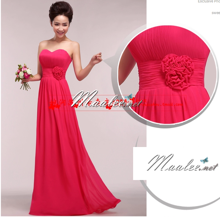 พร้อมส่ง ชุดราตรียาว แบบเกาะอก ผ้าชีฟอง ช่วงอกอัดพลีท แต่งดอกที่เอว สีโอโรส