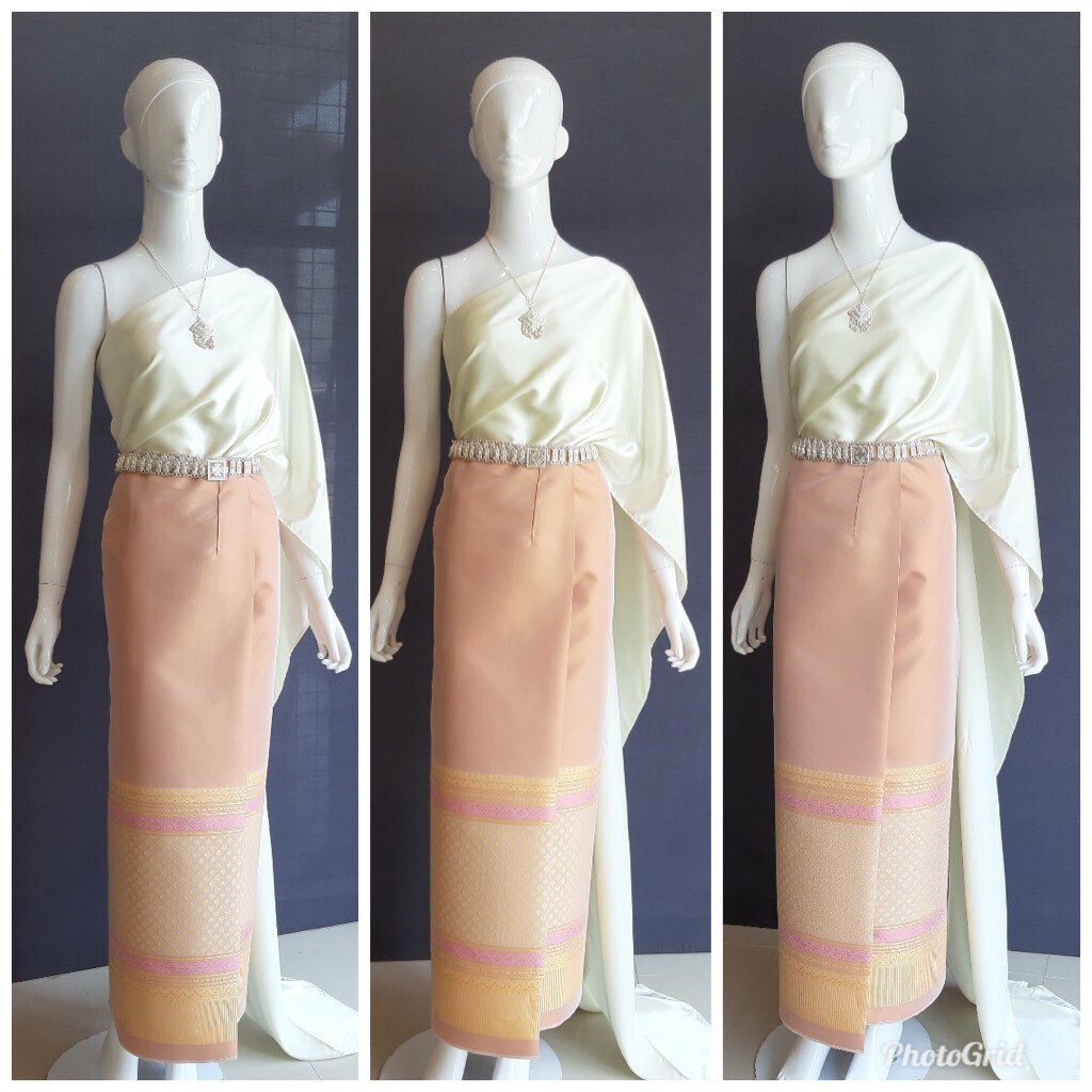 เช่า ชุดไทย ชุดเพื่อนเจ้าสาว ชุดไทยผ้าซิ่นสีส้มอ่อน สไบเรียบสีงาช้าง