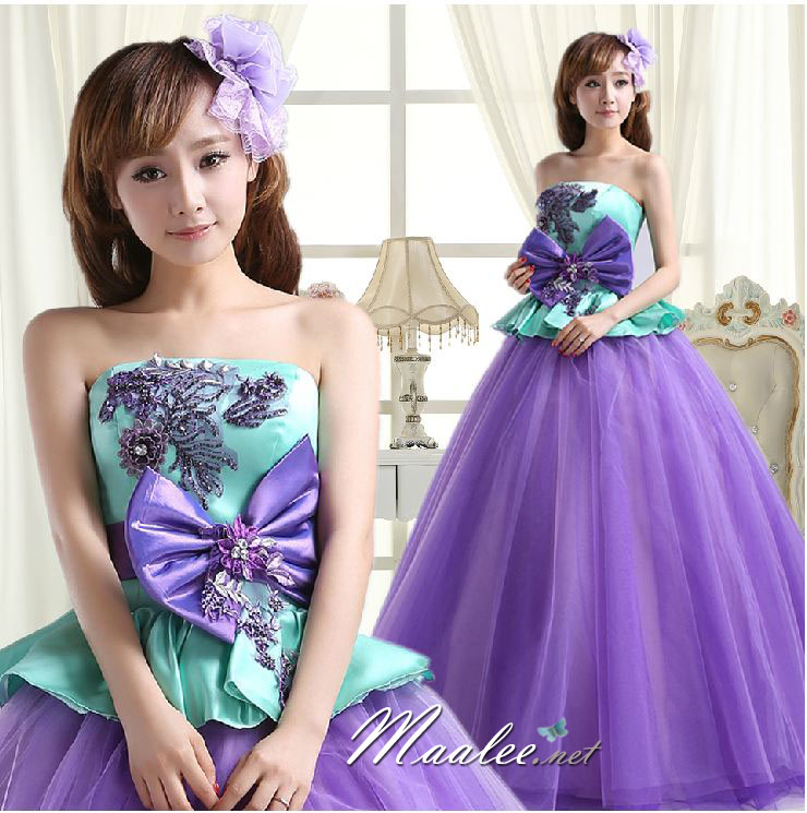 พร้อมเช่า ชุดแฟนซี ชุดราตรียาว เกาะอก Two tone สีม่วง เขียวมิ้นต์ แต่งลูกไม้