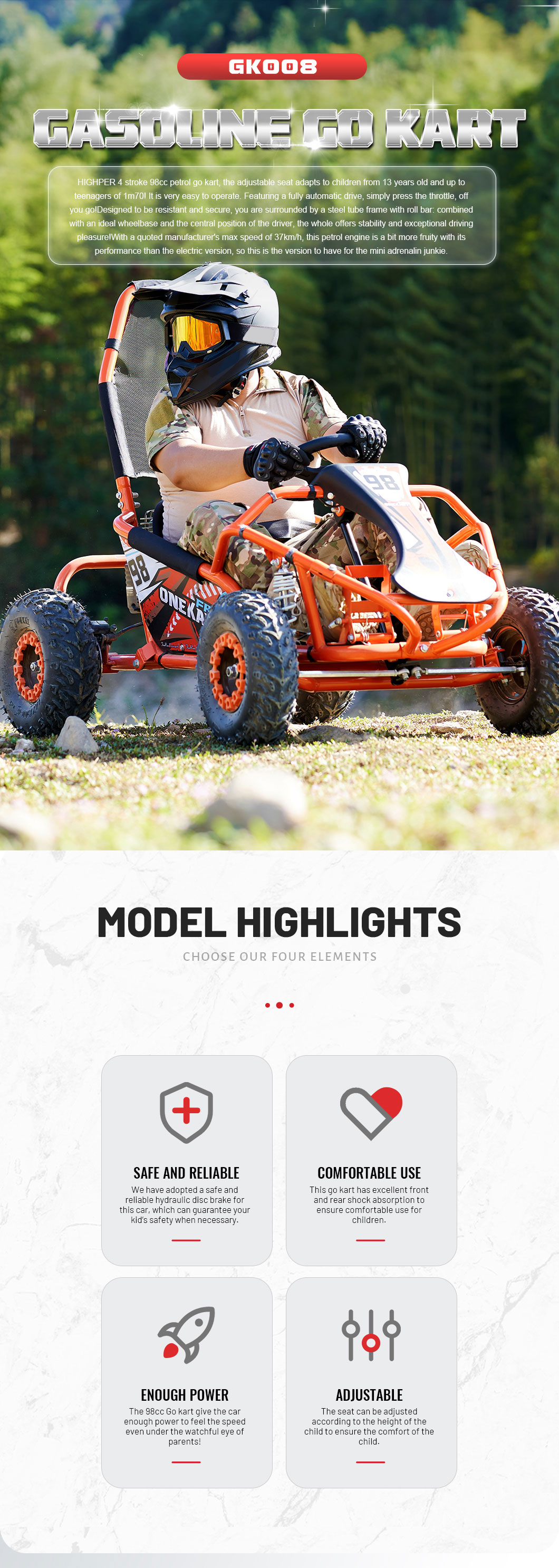 รถโกคาร์ทเด็ก 98cc 4 จังหวะ Hiperfect GK008 | ความเร็วสูงสุด 37 กม./ชม. | ระบบเบรกไฮดรอลิก | รับประกัน CE |