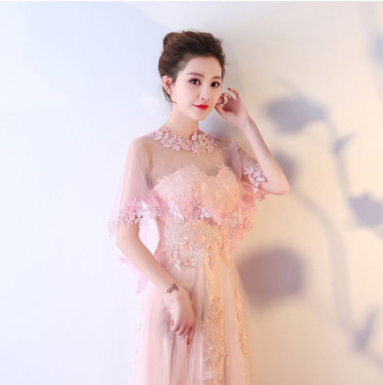 พร้อมส่ง เสื้อคลุมชุดราตรี ตาข่ายลูกไม้ สีโอโรส สวยหรู