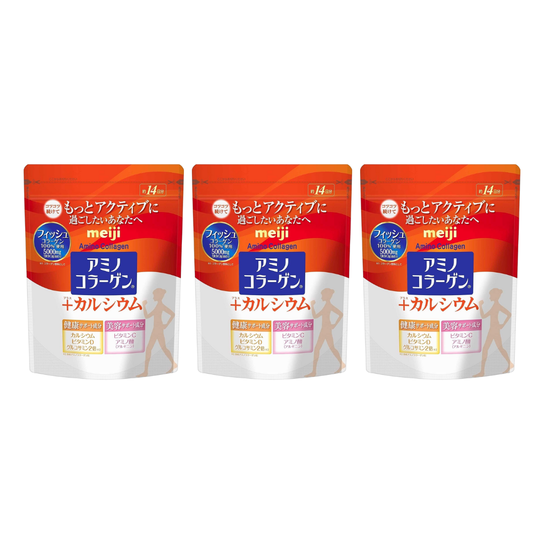 คอลลาเจน (รุ่นไม่เหม็นคาว) Meiji Amino Collagen Plus Calcium 5000 มิลลิกรัม บรรจุ 98 g.