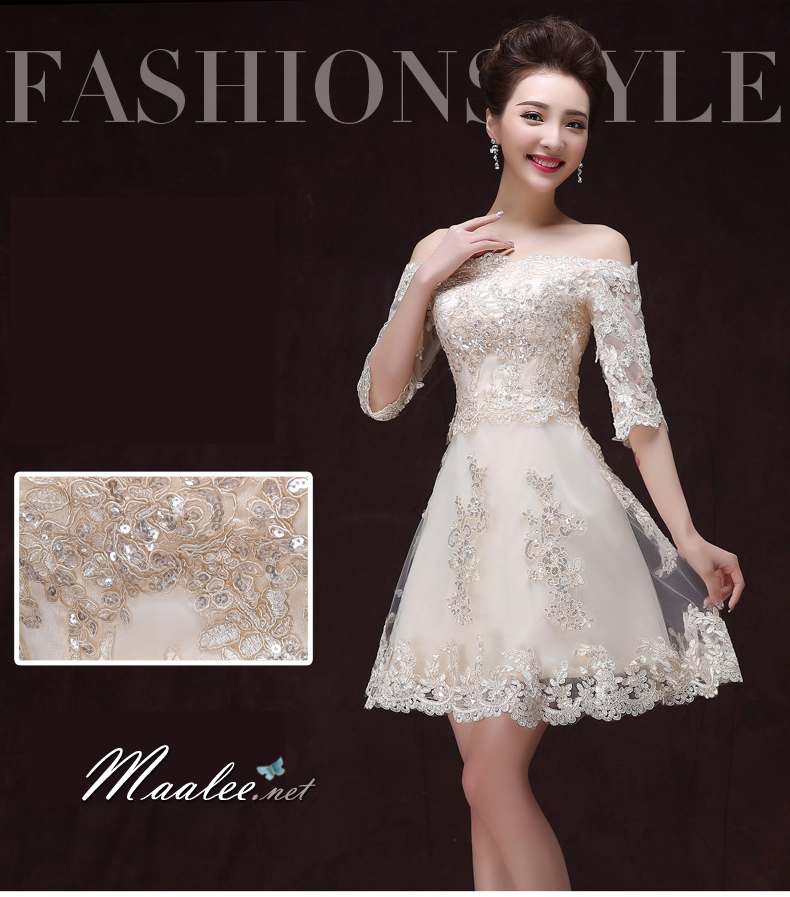 พร้อมส่ง ชุดราตรีสั้น แบบปาดไหล่ ตัวชุดลูกไม้ปักดิ้น กระโปรงตาข่าย สีแดง