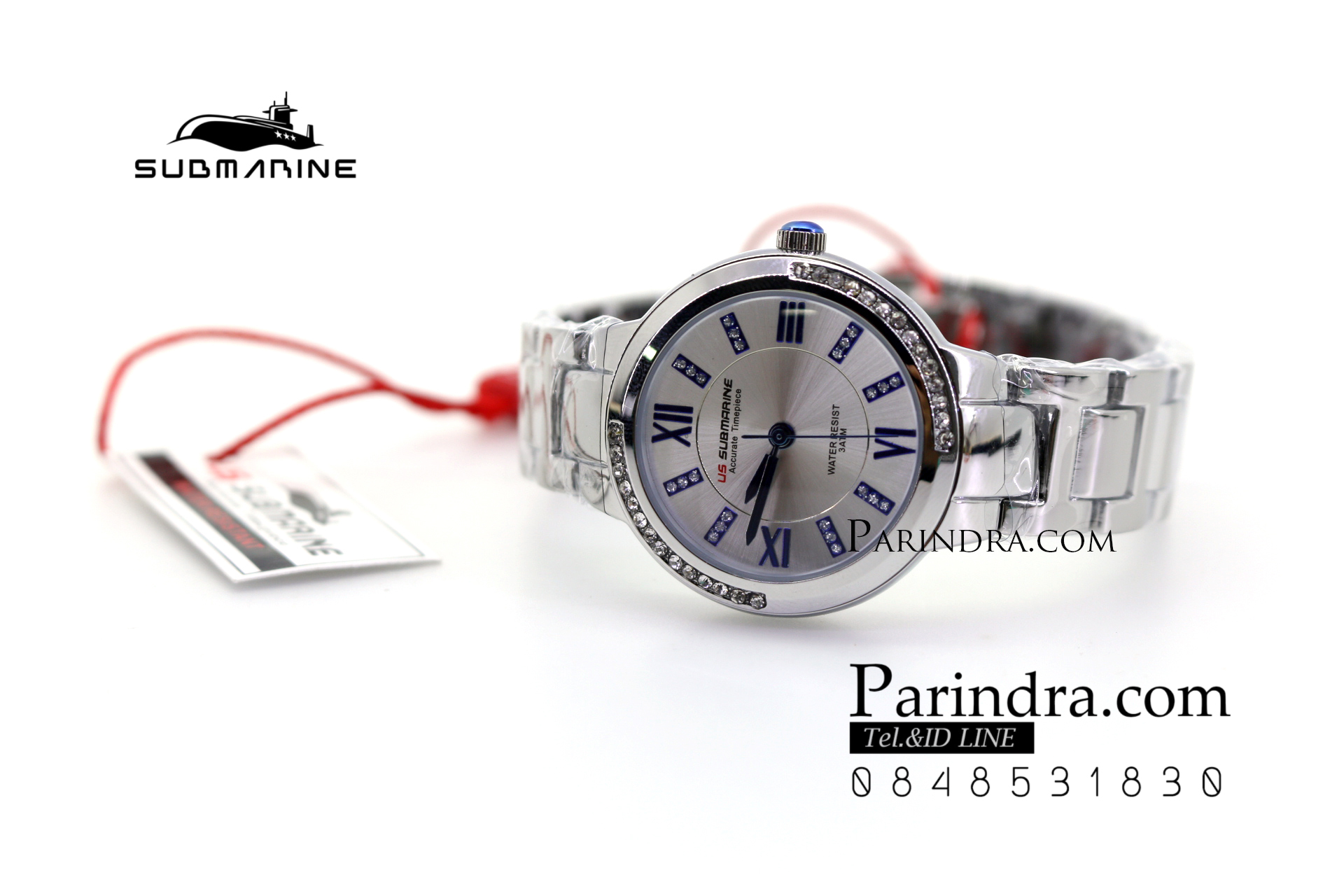 นาฬิกา US submarine รุ่น J120L กรอบหน้าปัดคริตตัล หน้าปัดสีขาวตัวเลขน้ำเงิน สายสแตนเลสสีเงินเงา