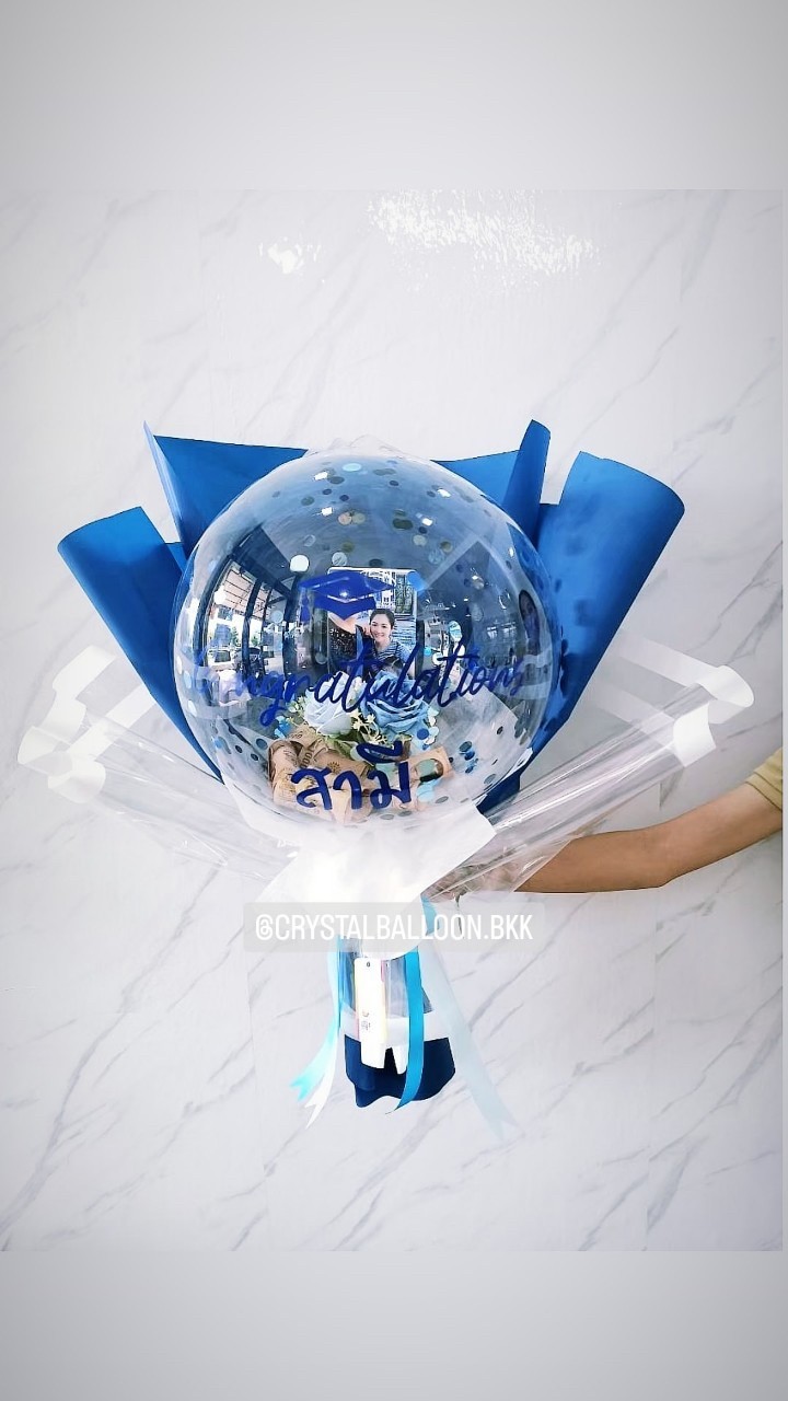 Flower Balloon แสดงความยินดี ดอกกุหลาบประดิษฐ์ Bubble ขนาด 18" พร้อมตกแต่ง สามารถใส่รูปได้ 1 ใบ,สามารถใส่เงินได้ 30 ใบ สามารถเปลี่ยนข้อความ/เปลี่ยนสีได้