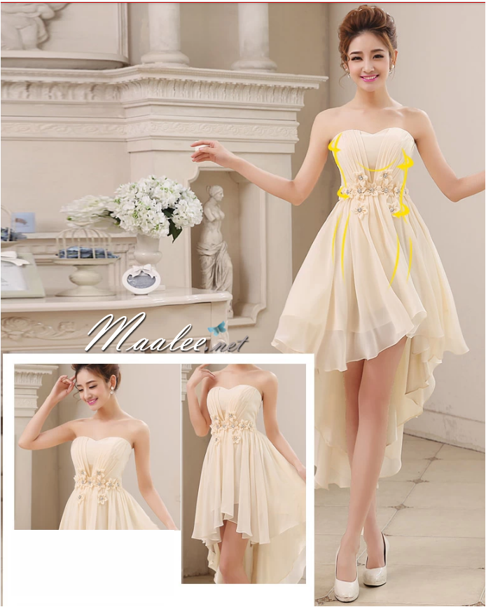 พร้อมเช่า ชุดราตรีสั้น เกาะอก หน้าสั้นหลังยาว แต่งดอกเพิ่มคริสตัล สีครีม