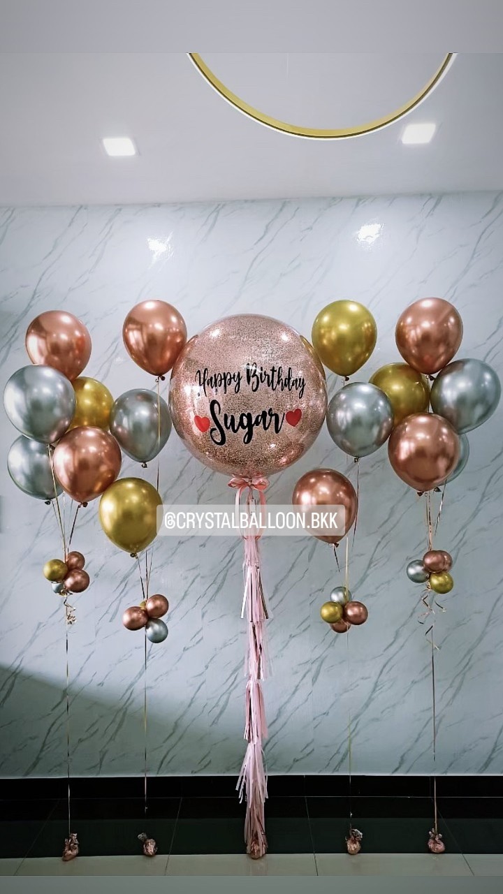 ลูกโป่ง วันเกิด Bubble ขนาด 36" พร้อม ช่อลูกโป่งโครเมี่ยม ช่อ 5 ลูก 2 ช่อ,ช่อลูกโป่งโครเมี่ยม ช่อ 3 ลูก 2 ช่อ พร้อมตกเเต่ง สามารถเปลี่ยนสีลูกโป่ง/เปลี่ยนข้อความ/เปลี่ยนขนาดได้