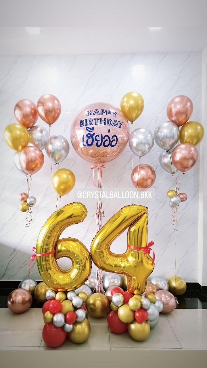 ลูกโป่ง วันเกิด Bubble ขนาด 36" พร้อม ช่อลูกโป่งโครเมี่ยม 3 ลูก 2 ช่อ,ช่อลูกโป่งโครเมี่ยม 5 ลูก 2 ช่อ พร้อมตกแต่ง ฟอยล์ตัวเลข ขนาด 40" ตั้งฐาน 2 ชิ้น,ลูกโป่งโปรยพื้น 20 ลูก สามารถเปลี่ยนสีลูกโป่ง/เปลี่ยนข้คอวาม/เปลี่ยนขนาดได้