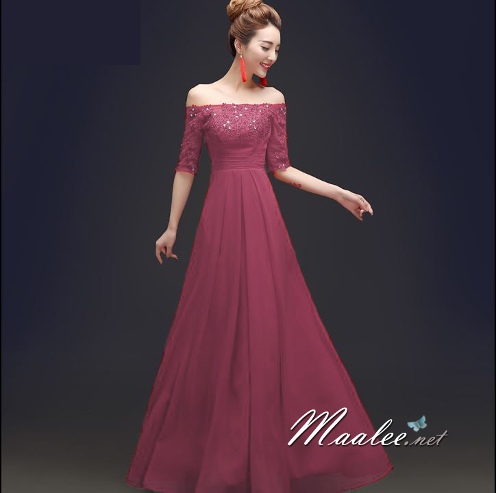 พร้อมเช่า ชุดราตรียาว แบบปาดไหล่/แขนยาว สีชมพู แต่งลูกไม้ปักเลื่อมลายใบไม้ ผ้าชีฟอง ซิปหลัง (ดูสีจริงได้ข้างล่าง)