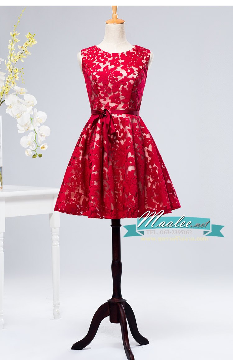 พร้อมเช่า ชุดราตรีสั้น แขนกุด สไตล์สวยหวาน 3มิติ กระโปรงพองนิดๆ สีไวน์แดง (ซิปหลัง)