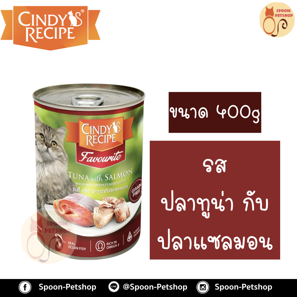 Cindy Recipe อาหารเปียก สำหรับแมว ซินดี้ เรซิพี รสปลาทูน่า และปลาแซลมอน จากฮ่องกง 400g (เขียวใหม่)