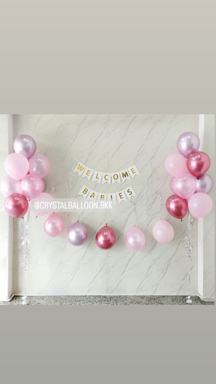 ลูกโป่ง Welcome ช่อลูกโป่ง ช่อ 9 ลูก 2 ช่อ พร้อม ป้ายธง 13 ตัวอักษร,ลูกโป่งติดผนัง 5 ลูก Theme สีชมพู พร้อมตกแต่ง สามารถเปลี่ยนสีลูกโป่ง/เปลี่ยนข้อความ/เปลี่ยนสี-ป้ายธงได้