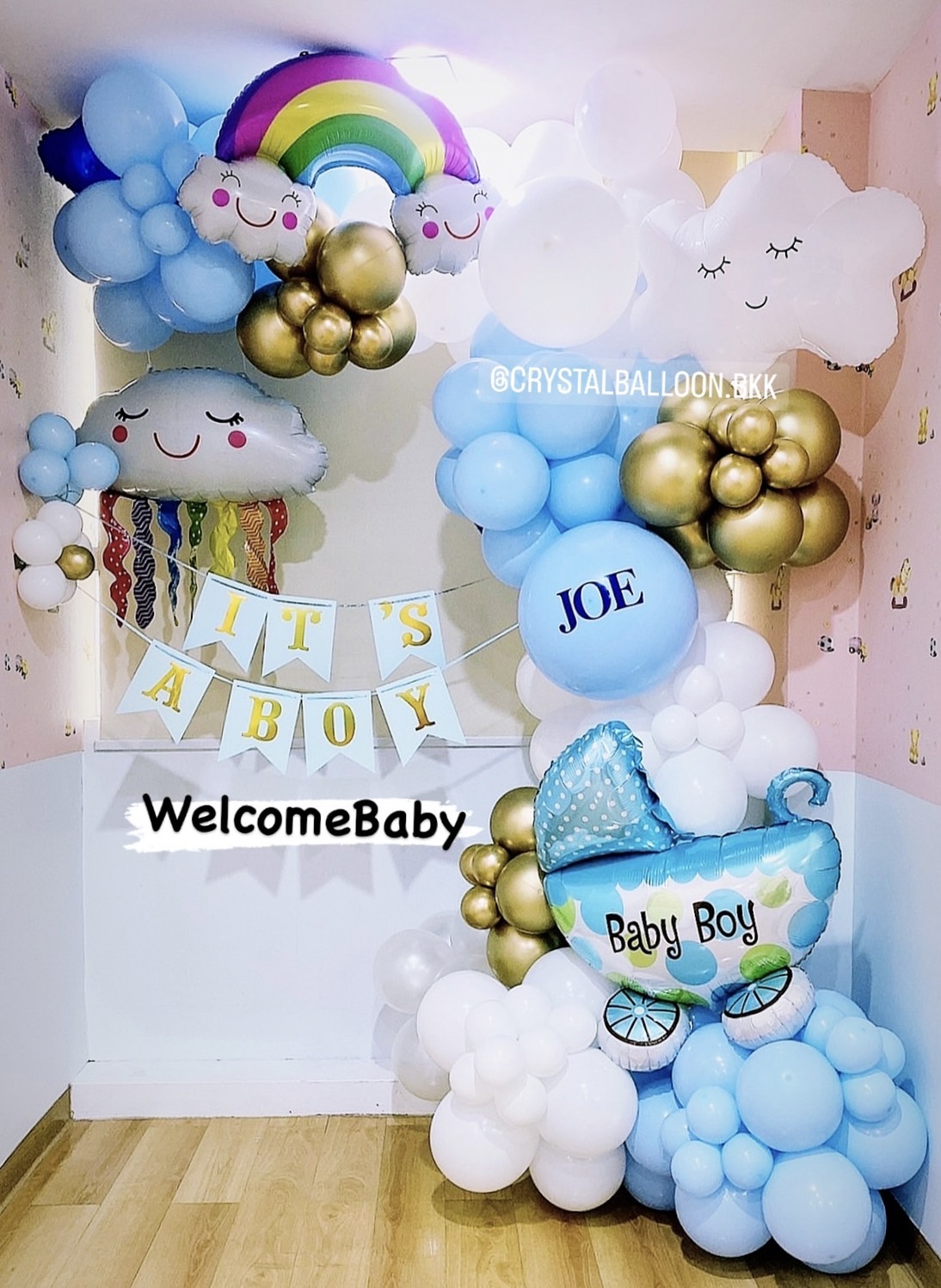 Organic Welcome Baby Boy รูปแบบใหม่ ไม่ซ้ำใคร ขนาด 2x2 พร้อม ป้ายธง พร้อมตกแต่ง ฟอยล์ตกแต่ง สามารถเปลี่ยนสีลูกโป่ง/เปลี่ยนข้อความ/เปลี่ยนฟอยล์ตกแต่งได้