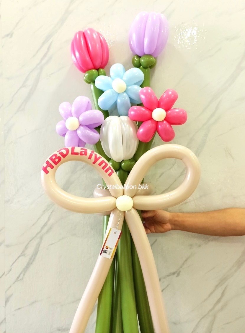 Flower Balloon Medium Bouquet ช่อ 6 ดอก พร้อมตกแต่ง สามารถเปลี่ยนสีลูกโป่ง/เปลี่ยนข้อความได้