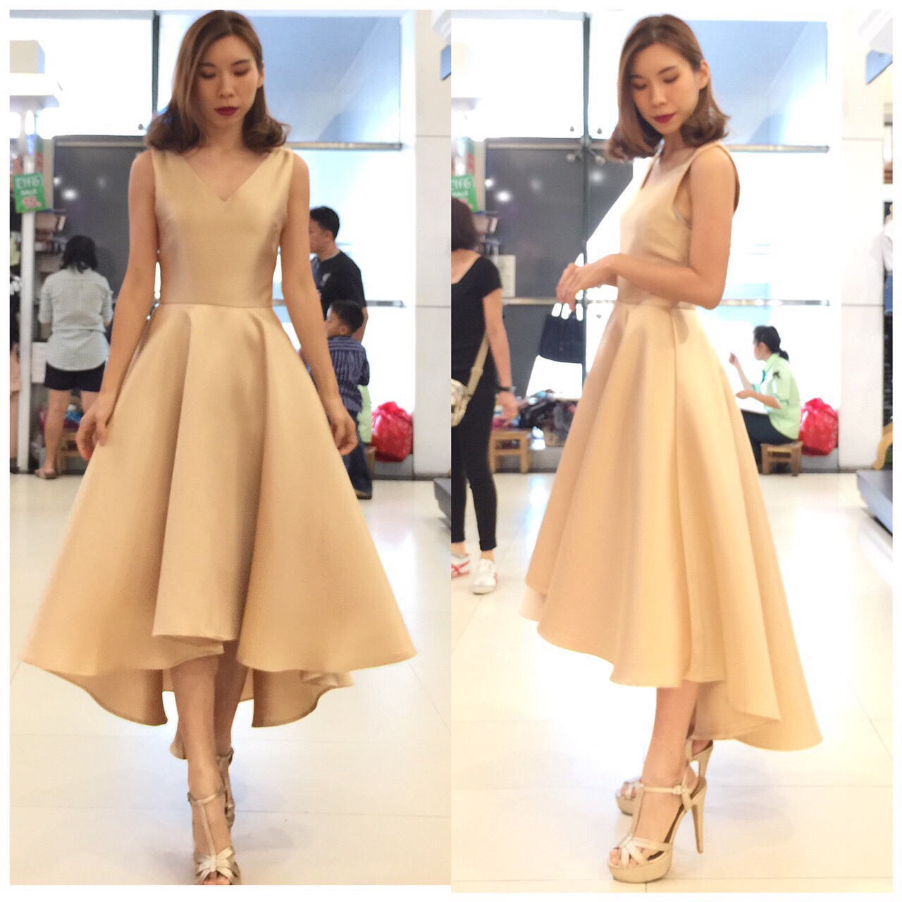 พร้อมเช่า ชุดเดรสเนื้อไหม คอวี แขนกุดจับเดรป ชายย้วย หน้าสั้นหลังยาว สีทอง